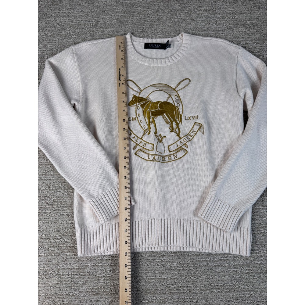 Lauren Ralph Lauren Cream Cotton Knit Equestrian Crest Sweater Small Gold Horse - Picture 3 of 14